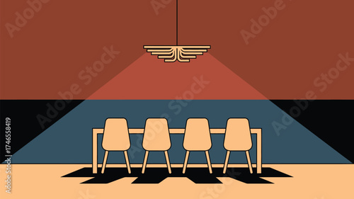 A cartoon style room with a table set with four chairs and a light fixture hanging above it all lit up