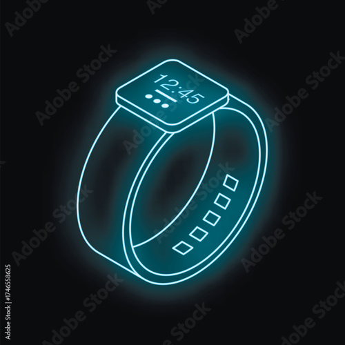 Futuristic neon smartwatch displaying time, isolated on a dark background, ideal for technology and innovation concepts