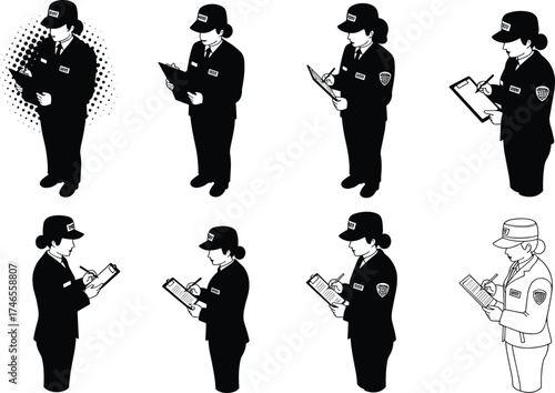 Security personnel character sheet illustration, multiple poses, clipboard writing, uniform design, law enforcement, black and white, reference, sketch, concept art