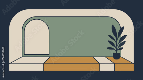 Illustration of a minimalist room with archways, a plant, and a geometric tiled floor design