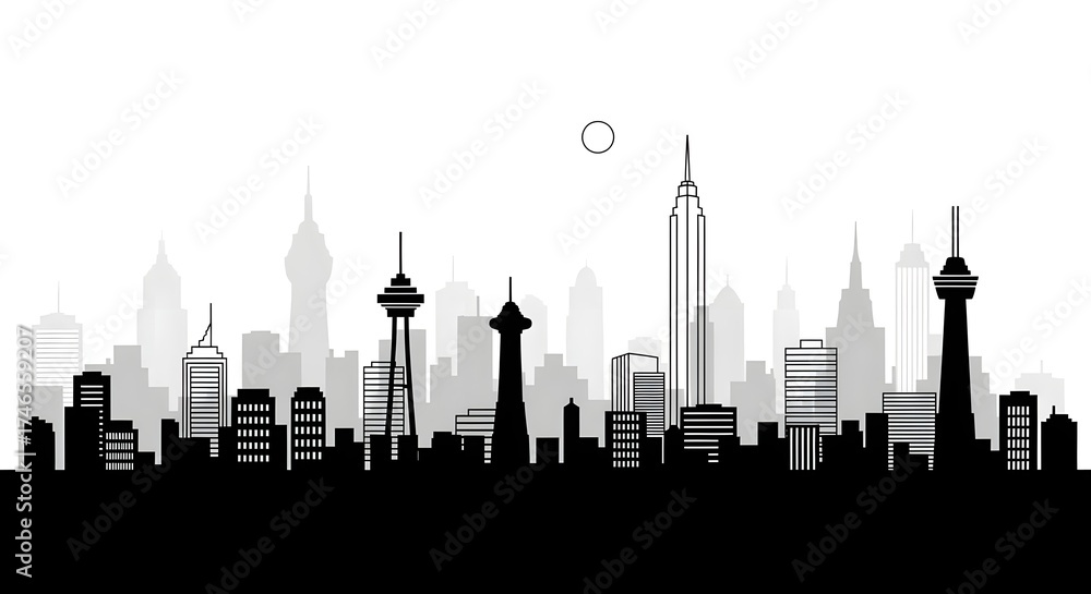 Fototapeta premium Modern vector skyline in line-art style with towers and clean outlines, ideal for minimalist projects and presentations.