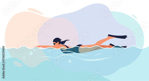 An illustration depicts a woman swimming gracefully in the water, wearing a swimsuit and flippers, enjoying a relaxing aquatic activity.