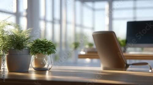 Modern office interior with green potted plants on desk and computers in soft sunlight