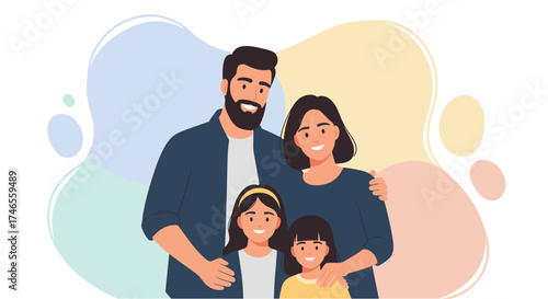 A happy family of four stands together, smiling and embracing, with a colorful abstract background, representing love and togetherness.