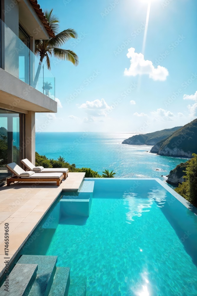 Fototapeta premium Sun-drenched infinity pool overlooking a breathtaking ocean vista; ultimate relaxation and escape at a luxurious private villa , sunshine, sun, holiday
