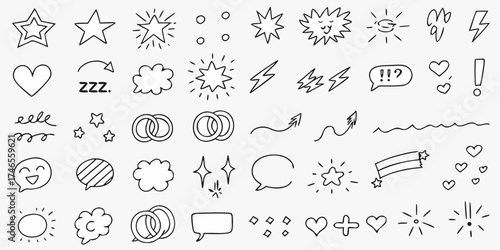 Collection of hand drawn black doodle icons and symbols on white background