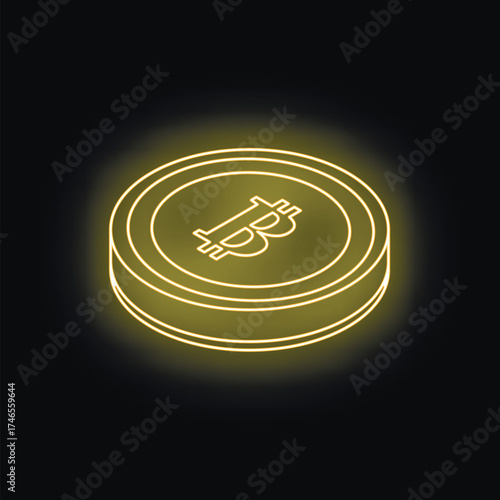 Glowing neon bitcoin sign representing cryptocurrency and digital finance on a dark background