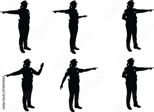 Traffic police officer silhouette illustration, hand signal gestures, uniformed figure, posture variation, law enforcement, direction control, black design, reference, sketch