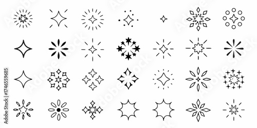 Collection of hand drawn starbursts and sparkle elements in black and white