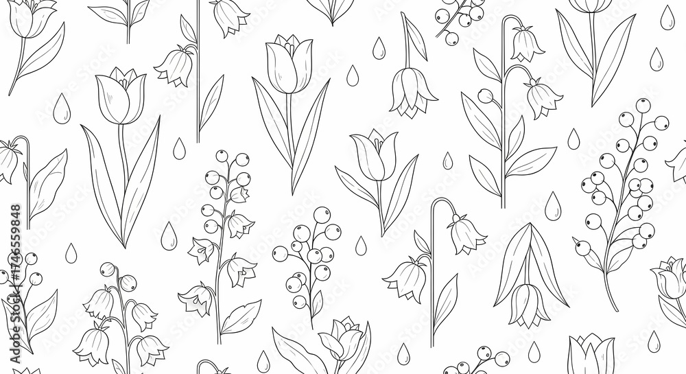 Fototapeta premium Hand Drawn Wildflower Seamless Pattern, Minimal Botanical Line Art Background