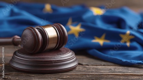 Gavel and symbolic flag evoke legal authority. The wooden table adds a touch of tradition and formality to the legal setting.