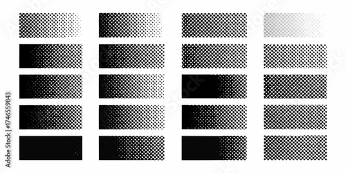 Collection of halftone dot patterns and gradients showing transitions from light to dark and dark to light