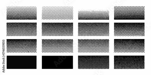 Collection of halftone dot patterns with gradual fades and solid black rectangles