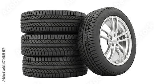 Stack of new car tires and one tire mounted on a silver alloy wheel isolated on white background