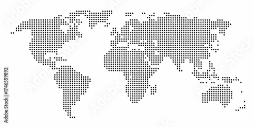 Abstract world map composed of black dots on a white background representing global connection and data