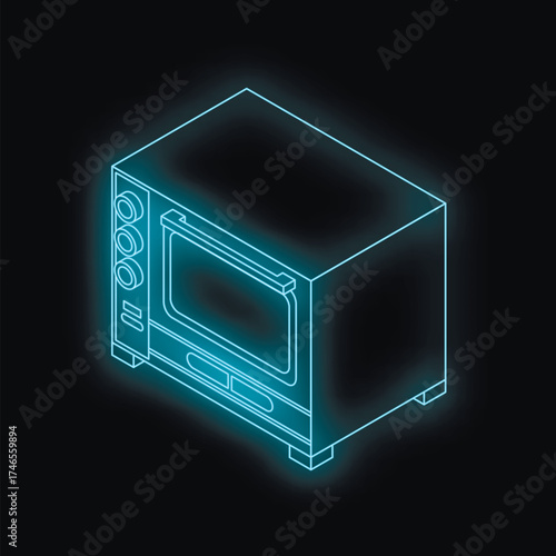 Electric oven with glowing neon outline on dark background, isometric projection