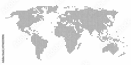 Abstract world map composed of black dots on a white background representing global connections and data
