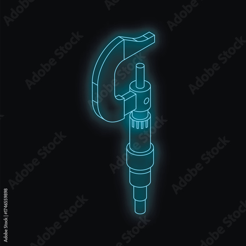 Neon blue isometric micrometer measuring tool glowing on dark background, representing futuristic engineering and precision measurement