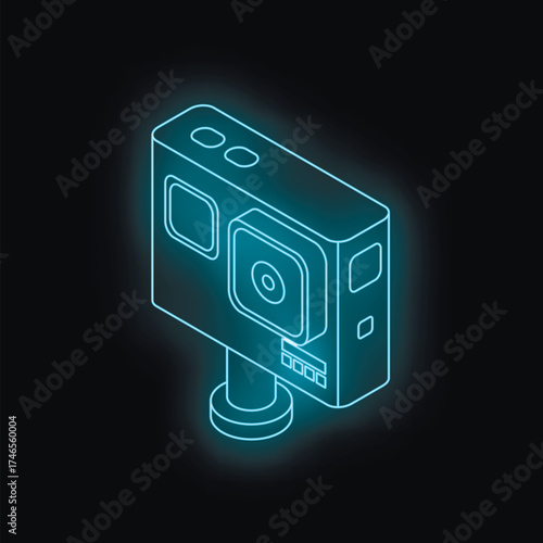 Glowing neon blue action camera icon on black background, isometric view