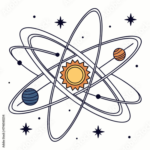 Atom model with planets orbiting the sun