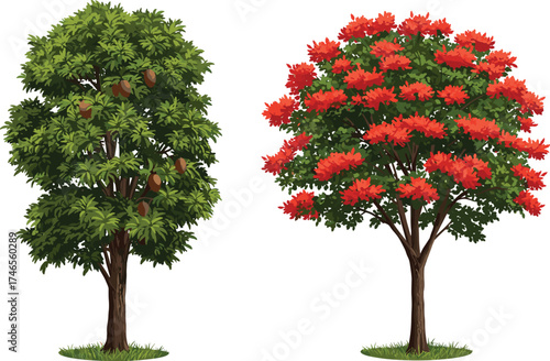 Two trees side by side, fruit bearing tree, flowering tree, foliage contrast, botanical diversity, nature illustration, seasonal variation, landscape design, educational visual