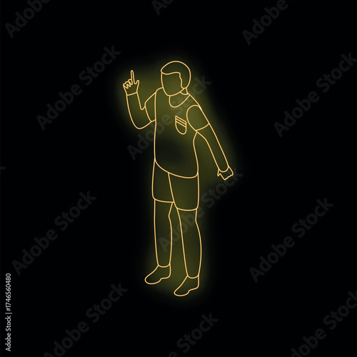 Neon yellow outline of soccer referee pointing upwards with index finger during night game, isolated on black background