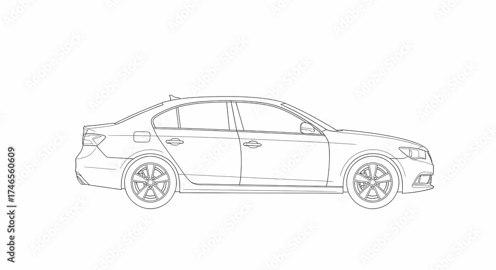 Fototapeta premium Sedan Car Outline Vector Illustration Isolated on White Background