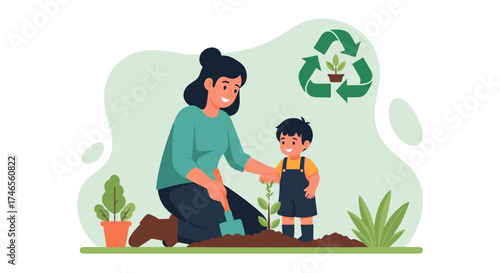 A mother and child plant a tree together, symbolizing environmental care and sustainable living with a recycling symbol in the background.