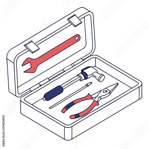 Isometric view of an open toolbox with various hand tools