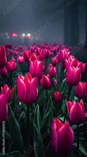A glowing tulip garden glowing radiant pink in night fog