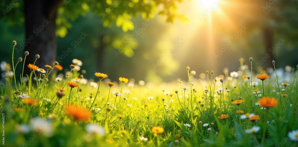 Obraz premium Sun-Dappled Meadow Wildflowers Swaying Gently in Warm Summer Breeze, Peaceful and Carefree Scene