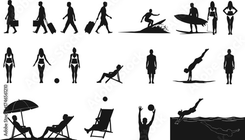 Travel and beach activity silhouettes, summer vacation, surfing, diving, relaxing, swimwear poses, umbrella leisure, black vector, lifestyle illustration, holiday concept