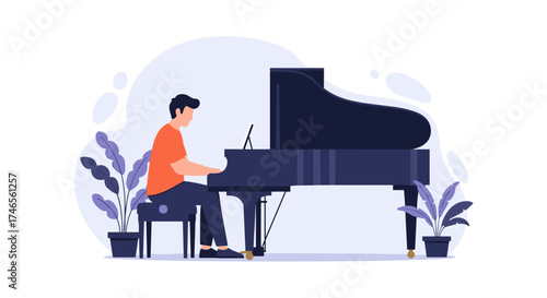 A person plays a grand piano, a musical instrument, with plants in the background, creating a serene and artistic illustration.