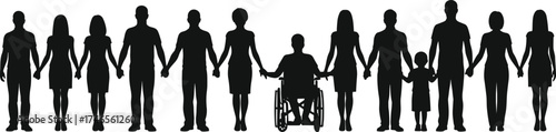 Unity, diversity, inclusion, community support, disability representation, multicultural silhouettes, people holding hands, wheelchair accessibility, family bond, equality, 