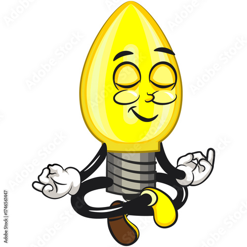 cute yellow light bulb mascot cartoon character isolated vector illustration meditating, work of hand drawn