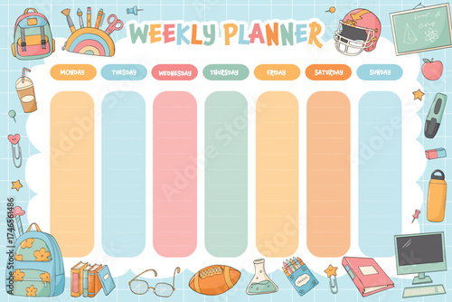 Weekly planner page, planner, timetable, school schedule design decorated with cute doodles. Back to school theme. EPS 10