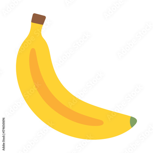 Bright yellow banana with green tip on a white background
