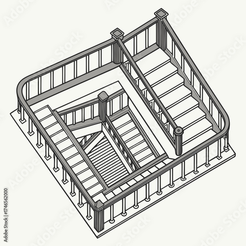 Isometric view of a complex wooden staircase with railings and landings