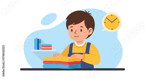 A young boy carefully folds clean clothes, a symbol of domestic responsibility, with a clock suggesting time management and organization.