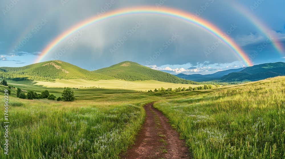 Naklejka premium Double rainbow over a grassy mountain path
