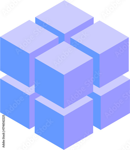 An isometric graphic of a larger cube constructed from smaller blue and purple blocks with a hollow center.