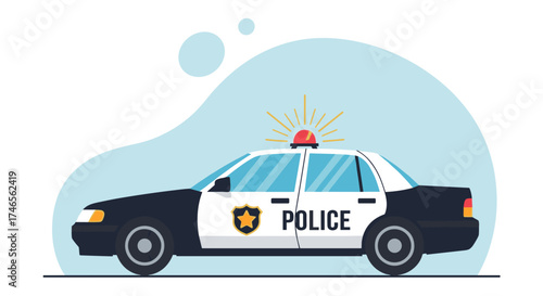 A stylized illustration depicts a classic police car with flashing lights, symbolizing law enforcement and public safety in a modern design.