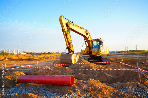 Excavator earthworks on construction site.  Sewer Line Repair. Excavator groundwork Water Line Repair. Backhoe earthmoving. Earthmover. Excavator dig trench for Replacement sewage. Water Line Repair.