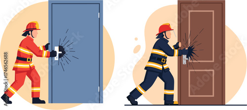 Two firefighters in full gear are forcefully breaking down doors, illustrating emergency response and rescue operations in a dangerous situation.