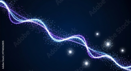 Abstract Blue Purple Wave of Particles on Dark Background, Digital Art, Futuristic Motion