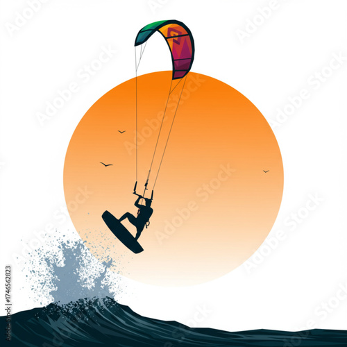 Kitesurfing Silhouette at Sunset – Extreme Water Sport Vector Illustration