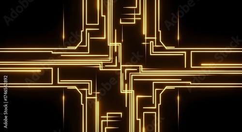 Abstract Golden Circuit Board Lines on Black Background - Technology and Network Concept