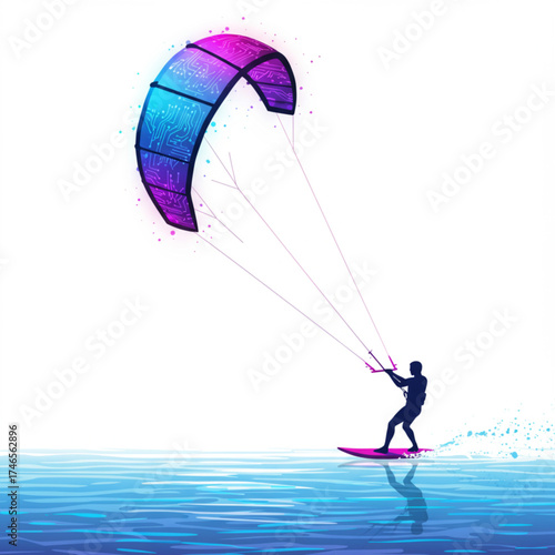 Futuristic Kitesurfer on Digital Ocean – Neon Sport Vector Illustration