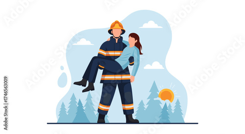 A brave firefighter carries a rescued woman from a dangerous situation, demonstrating courage and selflessness in an emergency.