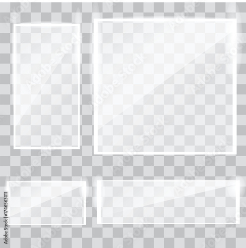 Transparent Glass Panel Collection on Checkered Background Glass Texture Effect Clear Reflection Vector Illustration